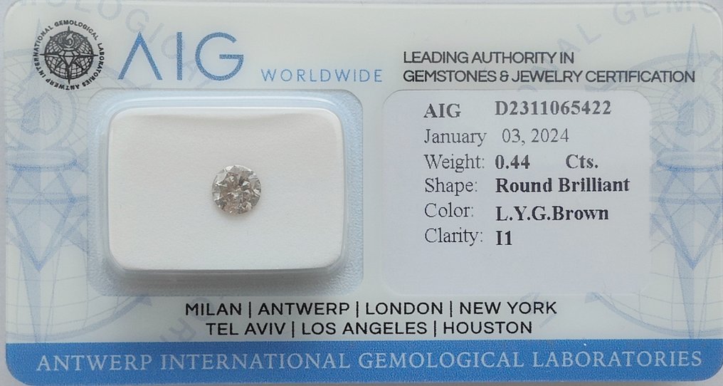1 pcs Gyémánt  (Természetes)  - 0.44 ct - Kerek - I1 - Antwerpeni Nemzetközi Gemmológiai Laboratóriumok (AIG Israel) #1.1