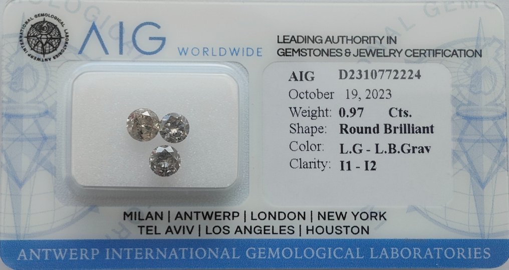 3 pcs Gyémánt  (Természetes színű)  - 0.97 ct - Kerek - Light Barnás Szürke - I1, I2 - Antwerpeni Nemzetközi Gemmológiai Laboratóriumok (AIG Israel) #1.1