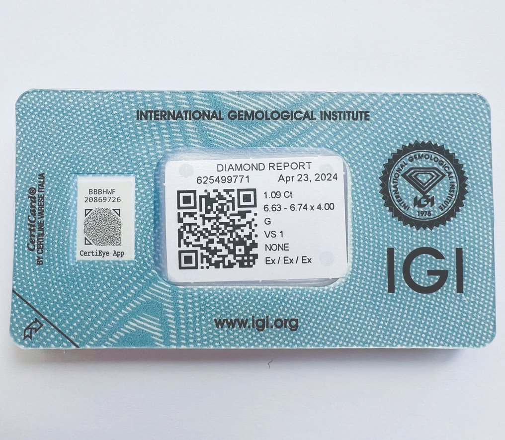 1 pcs Gyémánt  (Természetes)  - 1.09 ct - G - VS1 - Nemzetközi Gemmológiai Intézet (IGI) - 3EX Nincs #2.1