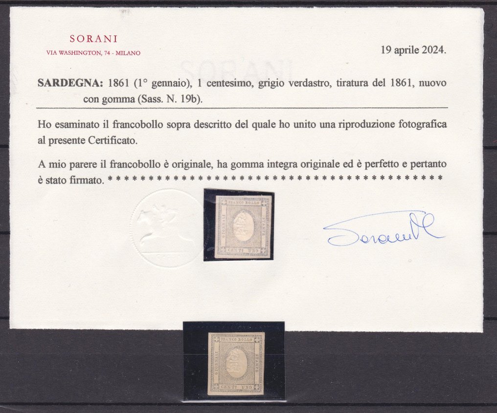 Antigos Estados Italianos - Sardenha 1861 - Selo de 1 centavo para impressos, edição cinza esverdeada de 1861 - Sassone N 19b #2.1