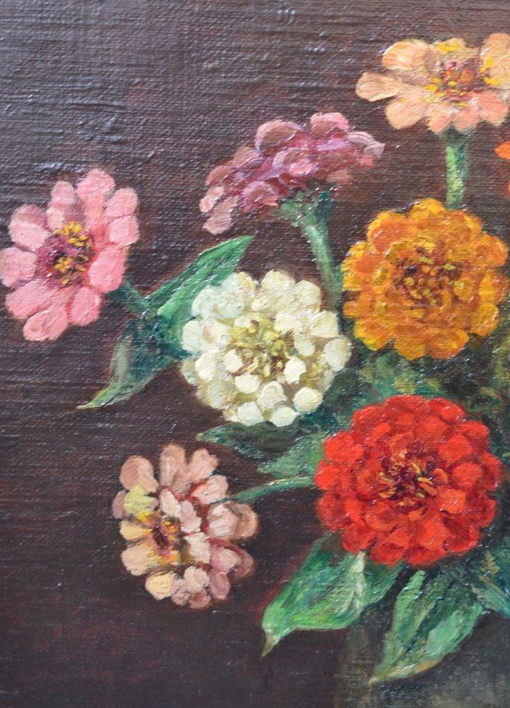 Manus van der Ven (1866-1944) - Een bloemstilleven met Zinnia's in een kan van aardewerk #3.1