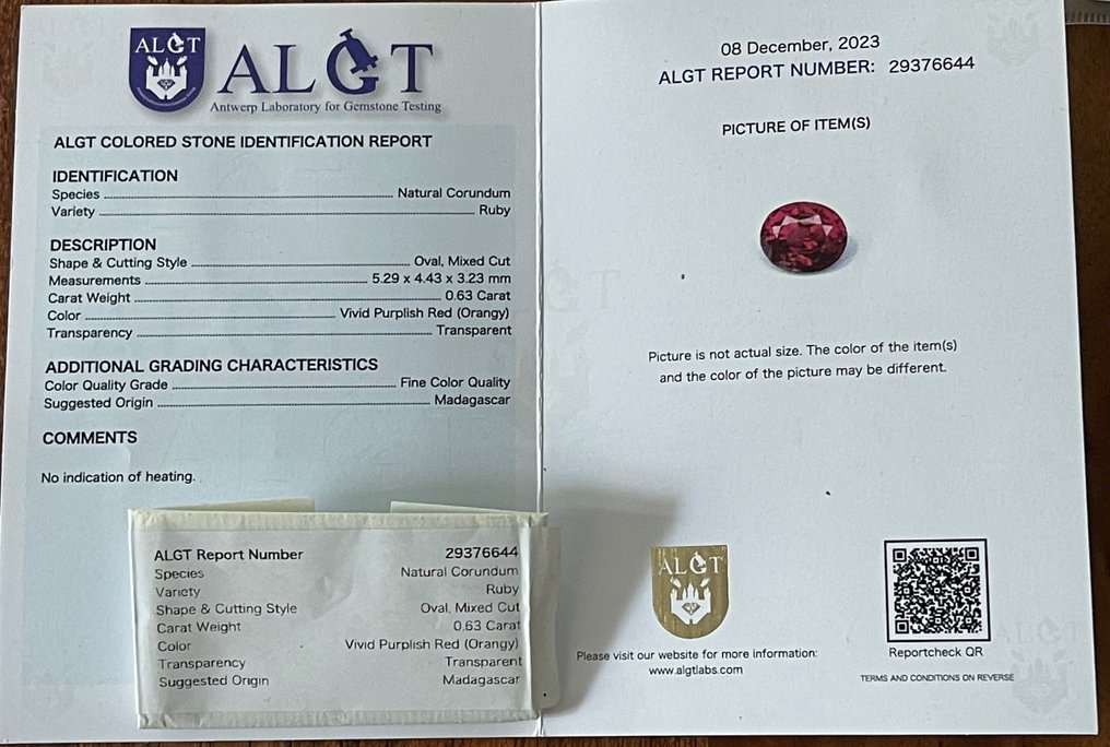 沒有保留價 - 1 pcs  紅色 紅寶石  - 0.63 ct - Antwerp Laboratory for Gemstone Testing (ALGT) #3.2