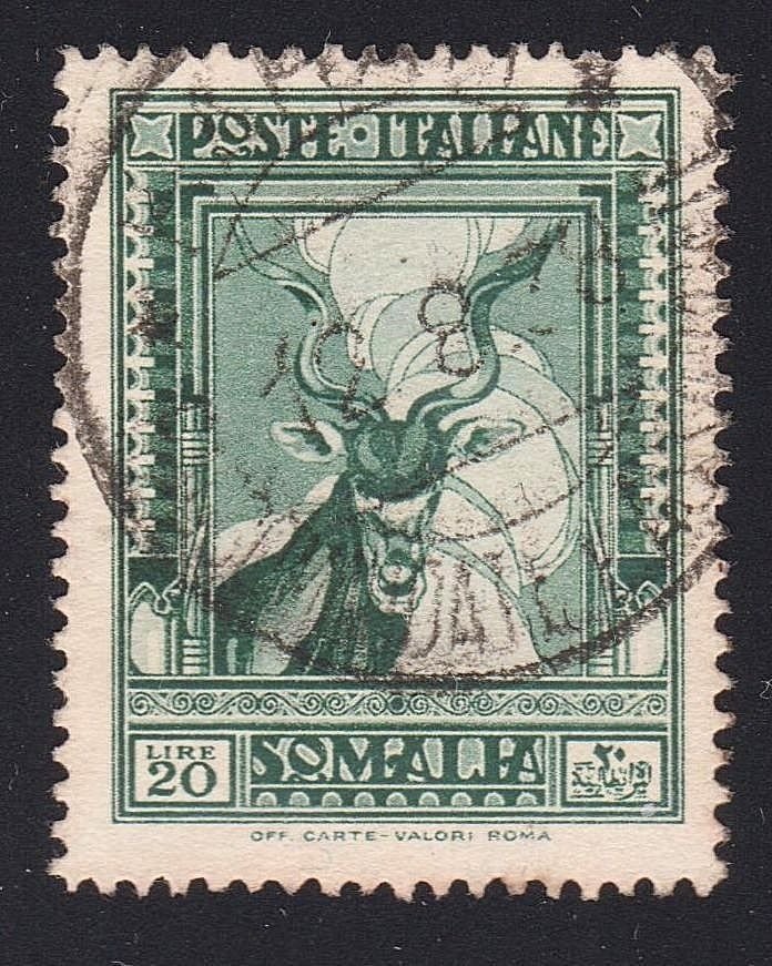 Somalia italiana 1937 - Ejemplo raro Lire 20 perforación verde 14 serie pictórica - Sassone N 229 #1.1
