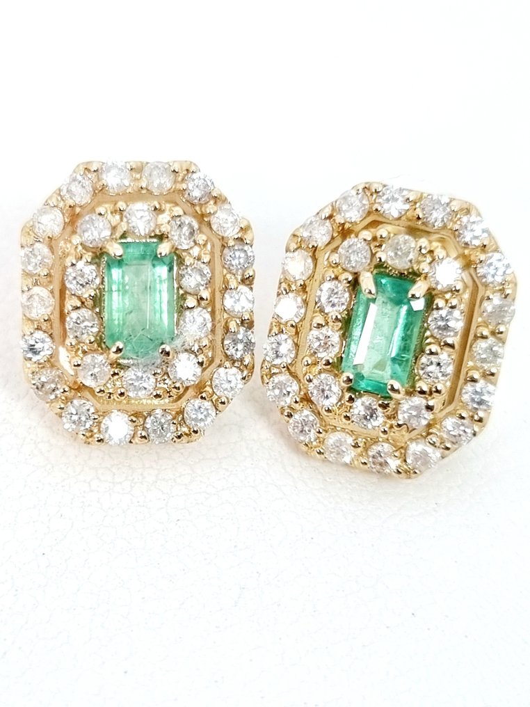 Boucles d'oreilles - 14 carats Or jaune Émeraude - Diamant #1.1