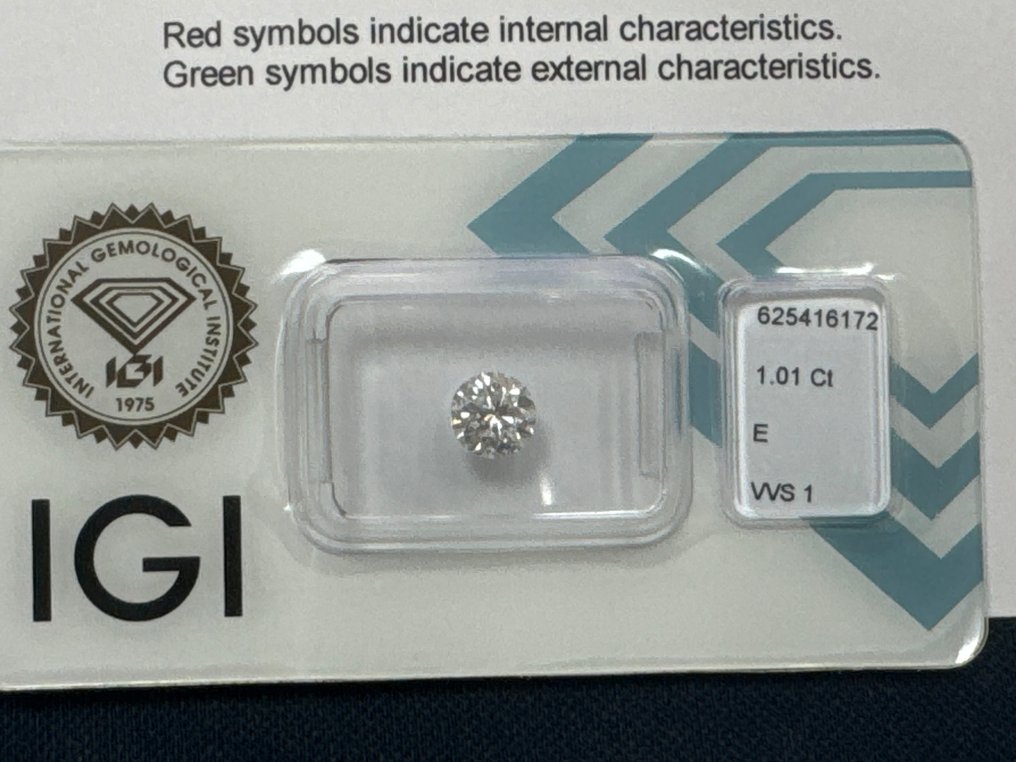 1 pcs Diamant  (Natur)  - 1.01 ct - Rund - E - VVS1 - International Gemological Institute (IGI) #1.1