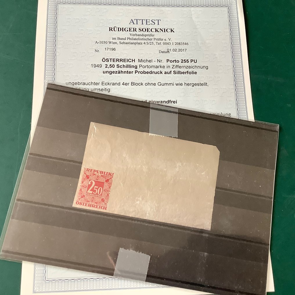 Austria 1949 - 2,5 Schilling Porto - rara prova su foglio di alluminio con bordo del foglio d'angolo e certificato - Michel 255 PU #1.1