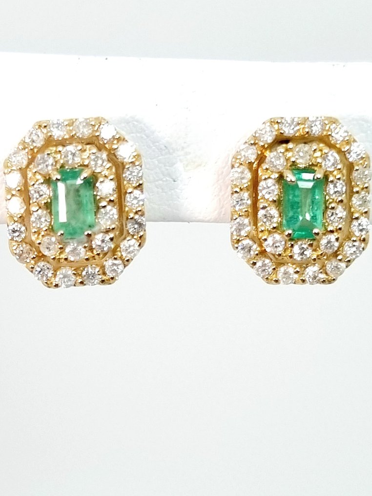 Boucles d'oreilles - 14 carats Or jaune Émeraude - Diamant #2.1