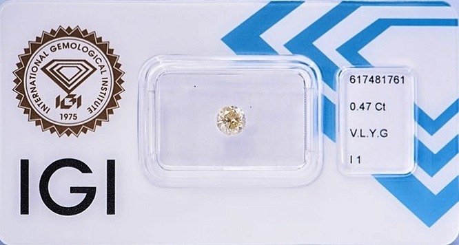 1 pcs Diamant  (Natürlich farbig)  - 0.47 ct - Rund - Very light Gelblich Grün - I1 - International Gemological Institute (IGI) #1.1