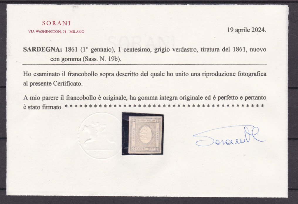 Anciens états italiens - Sardaigne 1861 - Timbre de 1 cent pour imprimés, édition gris verdâtre de 1861 - Sassone N 19b #3.1