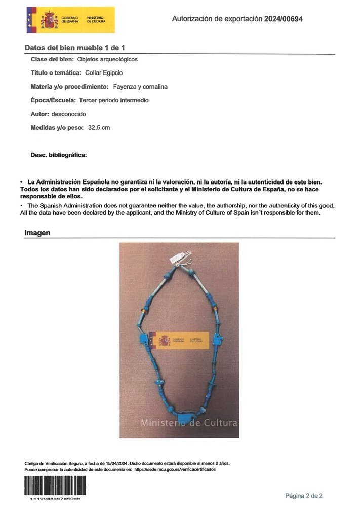 古埃及 Faience 带有 Udjat 眼睛护身符的项链，具有西班牙出口许可证 - 32.5 cm #2.2