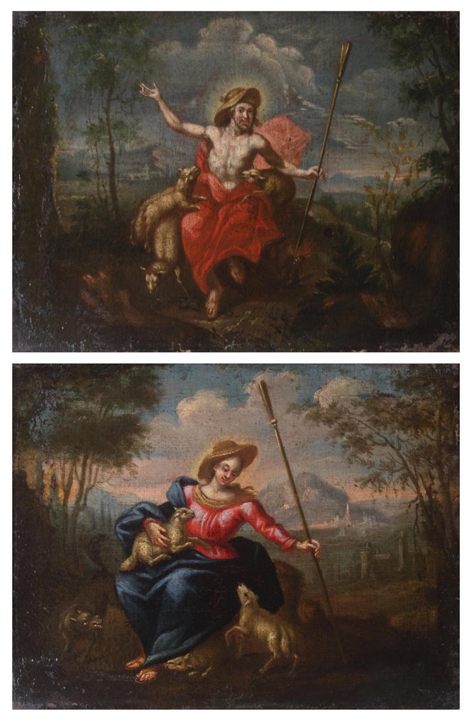 Scuola Fiammingo-Olandese (XVII) - Lotto di 2 dipinti con Gesù come buon pastore e la Pastorella #1.1