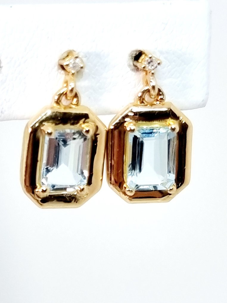 Øredobber - 14 karat Gull Akvamarin - Diamant #2.1
