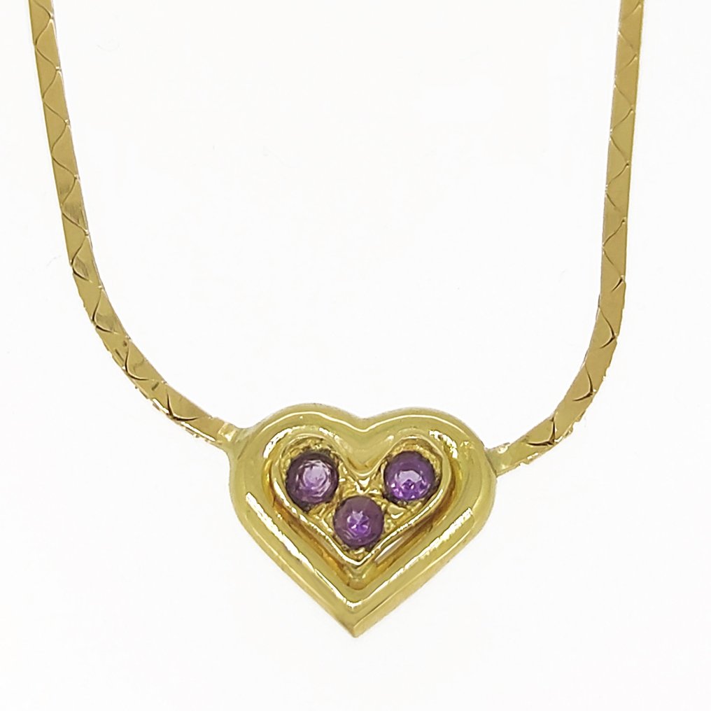 Necklace with pendant - 18 kt. Yellow gold -  0.09ct. tw. Amethyst #2.1