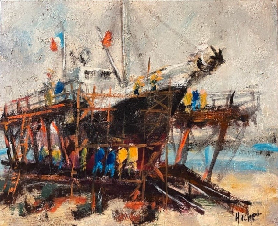 Urbain Huchet (1930-?). - Le bateau le câblier. Au port naval. #1.1