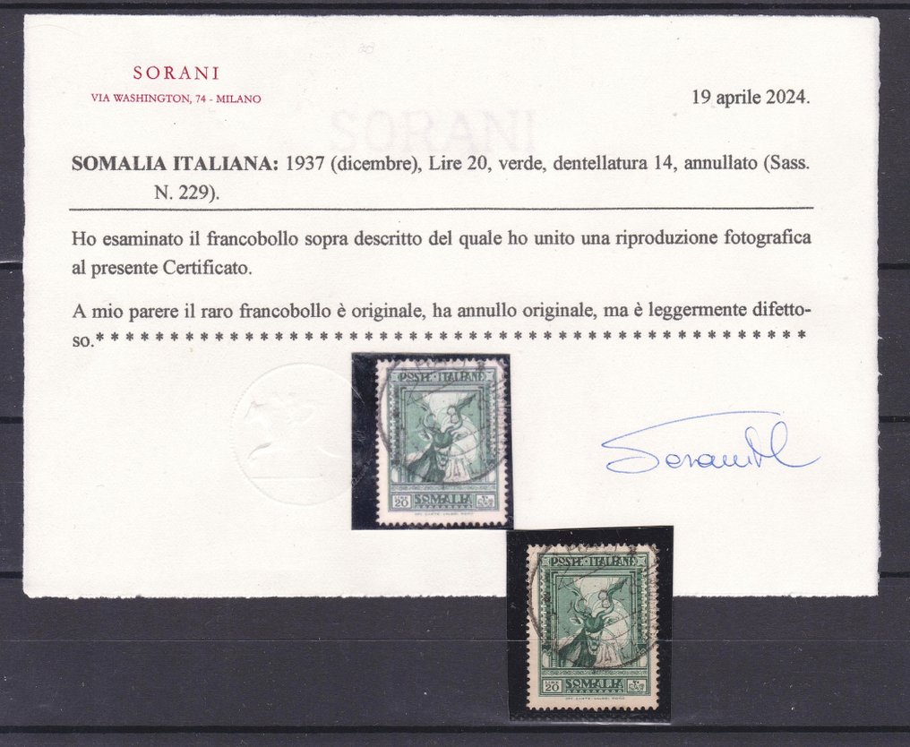 Somalia italiana 1937 - Ejemplo raro Lire 20 perforación verde 14 serie pictórica - Sassone N 229 #2.1