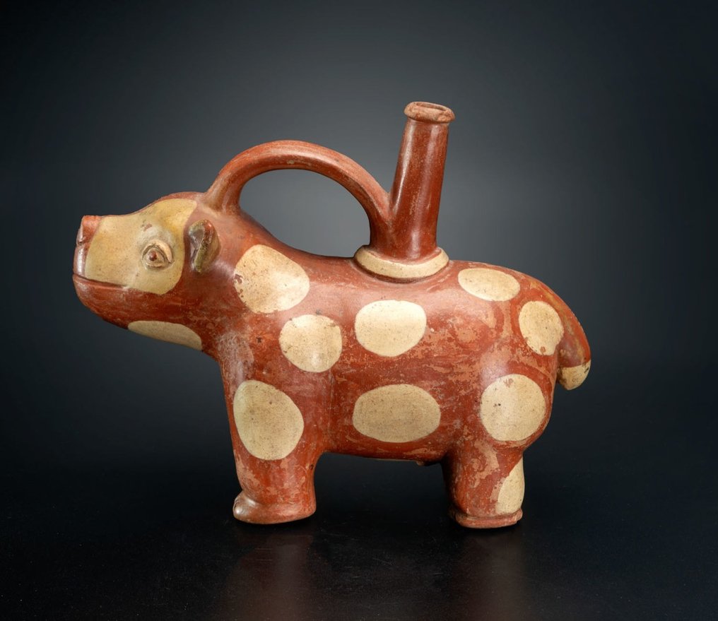 前哥伦布时期。莫切 稀有斑点狗陶瓷容器 拥有西班牙进口许可证。已发布。 #2.1