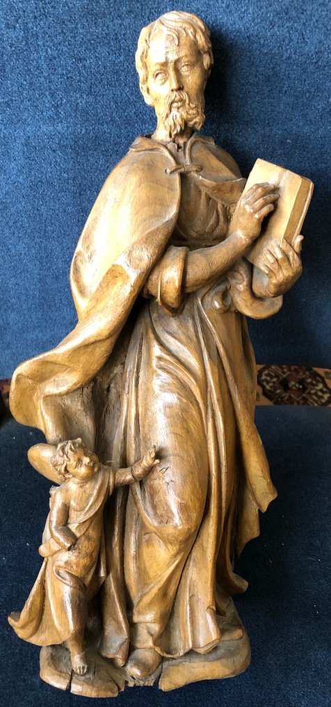 Veistos, Santo con angelo - 39 cm - Puu #1.1