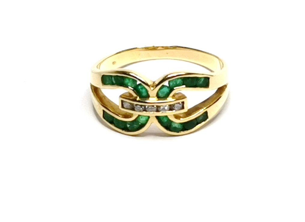 Statement ring - 18 kt. Yellow gold -  0.05ct. tw. Diamond - Emerald #1.1