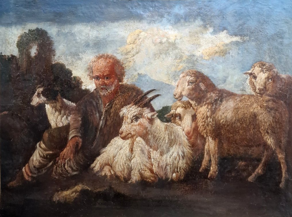 Scuola romana (XVII) - Pastore a riposo con pecore e capre #1.1