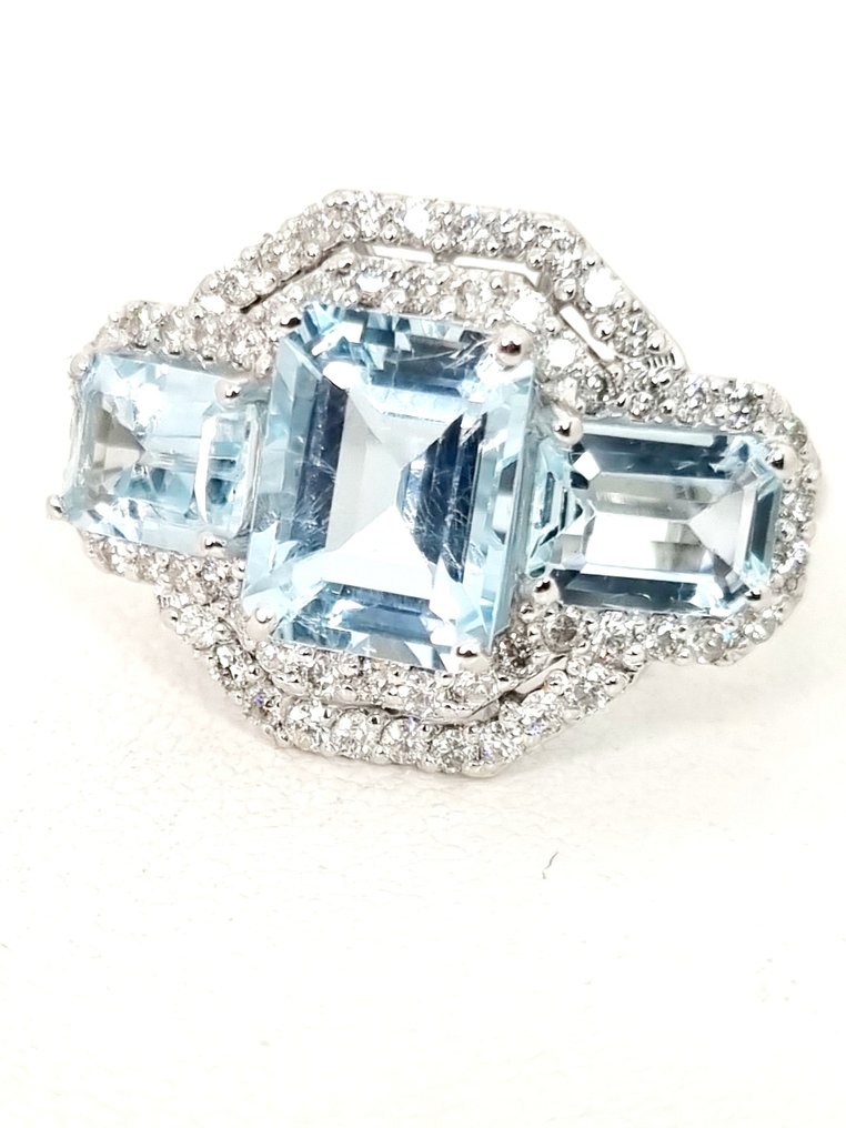 戒指 - 18K包金 白金 海蓝宝石 - 钻石 #2.1