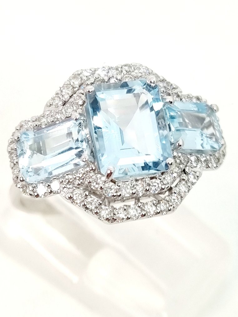 戒指 - 18K包金 白金 海蓝宝石 - 钻石 #1.1