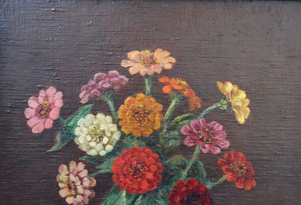 Manus van der Ven (1866-1944) - Een bloemstilleven met Zinnia's in een kan van aardewerk #2.1