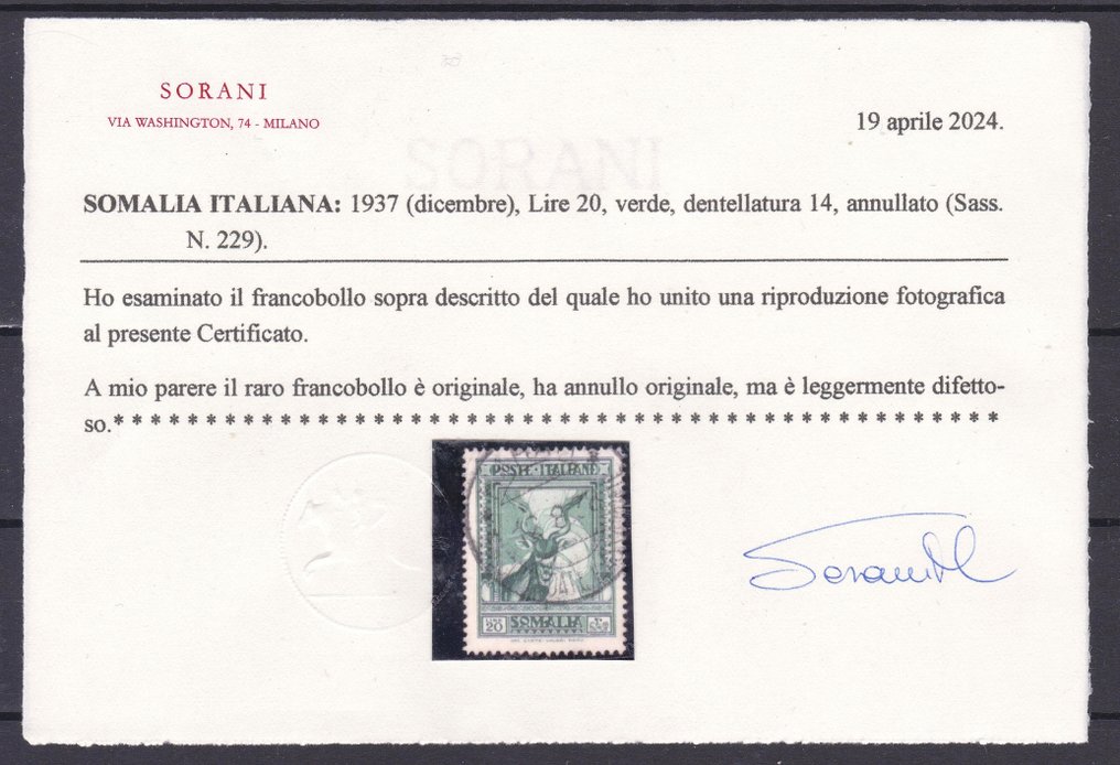Somalie italienne 1937 - Rare exemple Lire 20 perforation verte 14 série picturale - Sassone N 229 #3.1