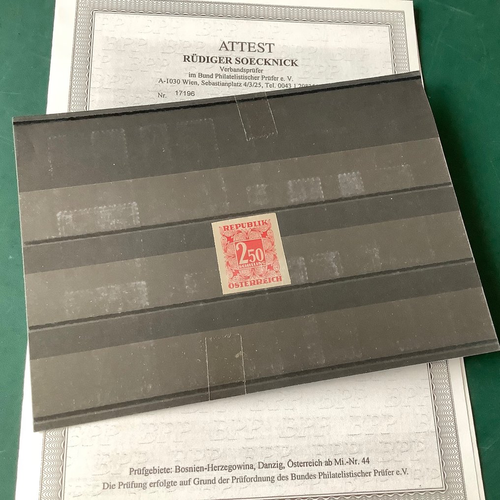 Autriche 1949 - 2.5 Schilling Porto - rare épreuve sur feuille d'aluminium avec copie du certificat Soecknick BPP - Michel 255 PU #1.1