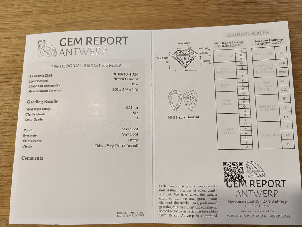 1 pcs Diamond  (Natural)  - 0.73 ct - Pear - I - SI2 - Gem Report Antwerp (GRA) #3.1