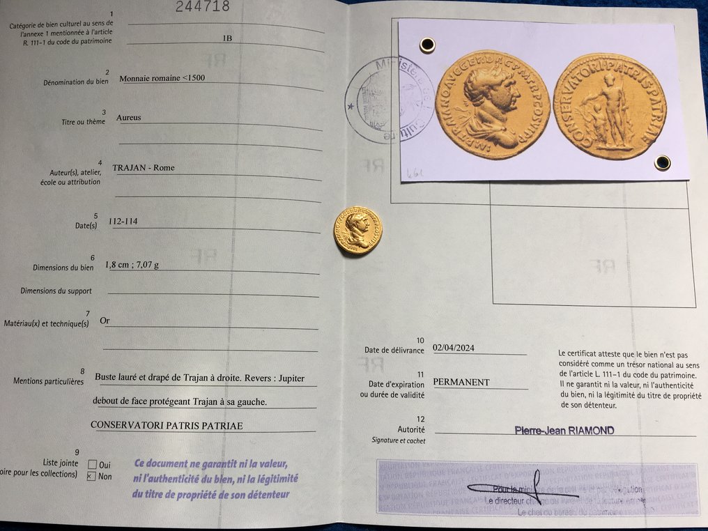 Römisches Reich. Trajan (98-117 n.u.Z.). Aureus Rome mint 113-114 A.D. - CONSERVATORI PATRIS PATRIAE - comes with French Export license #1.1