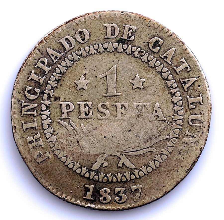 Espanja. Isabel II (1833-1868). 1 Peseta Barcelona 1837 - Muy rara #1.1