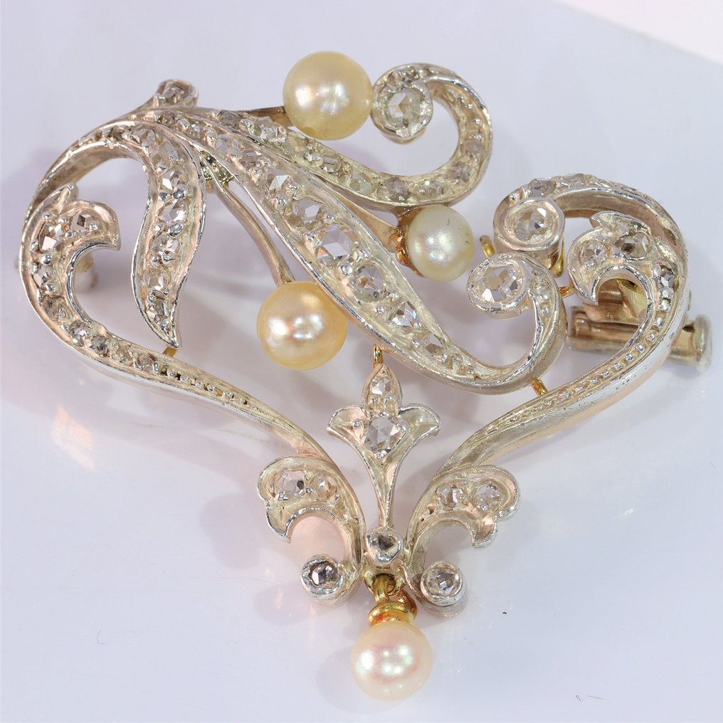 Vintage 1900's Art Nouveau - Brooch - 18 kt. Silver, Yellow gold Diamond - Pearl #1.2