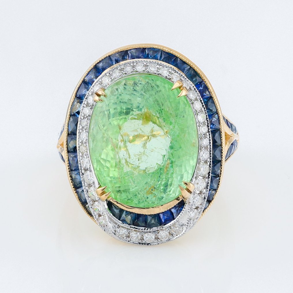 "AIGS" - Neon Green PARAIBA Tourmaline 14.51 Ct, Sapphire & Diamonds Combo - 14 kt zweifarbig - Ring #1.1