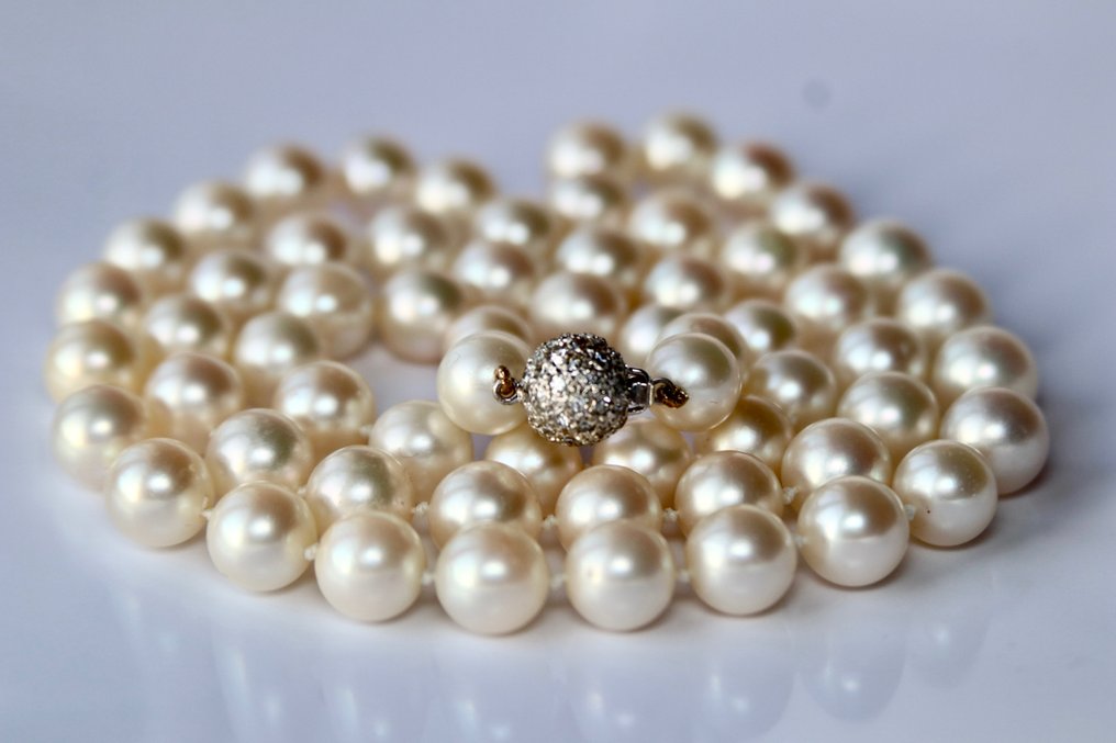 J. Köhle, Pforzheim Japanese sea/saltwater "AAA"  Akoya pearls 9.5mm - Colier - 14 ct. Aur alb -  1.20 tw. Diamant #2.1
