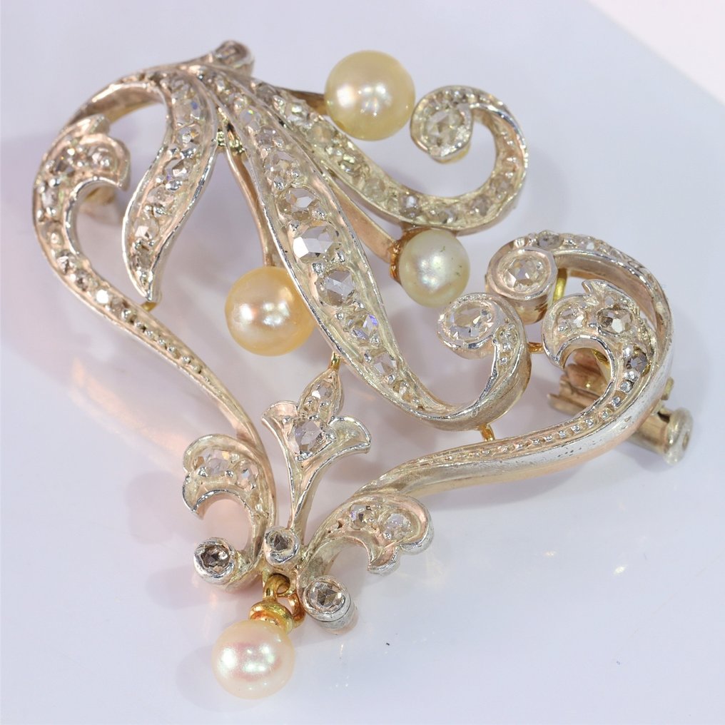 Vintage 1900's Art Nouveau - Brooch - 18 kt. Silver, Yellow gold Diamond - Pearl #2.1