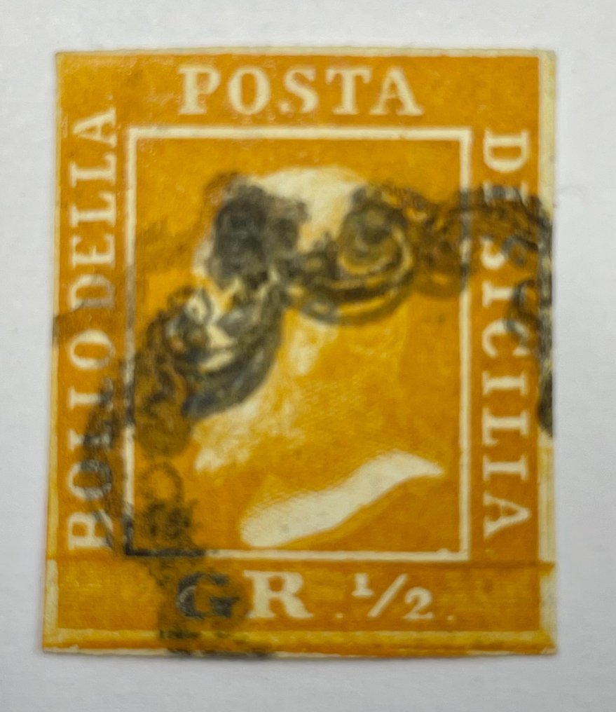 Ókori itáliai államok - Szicília 1859 - II. Ferdinánd király, Mezzo Grano - Mi. 1b in goldgelb, geschnitten #1.1