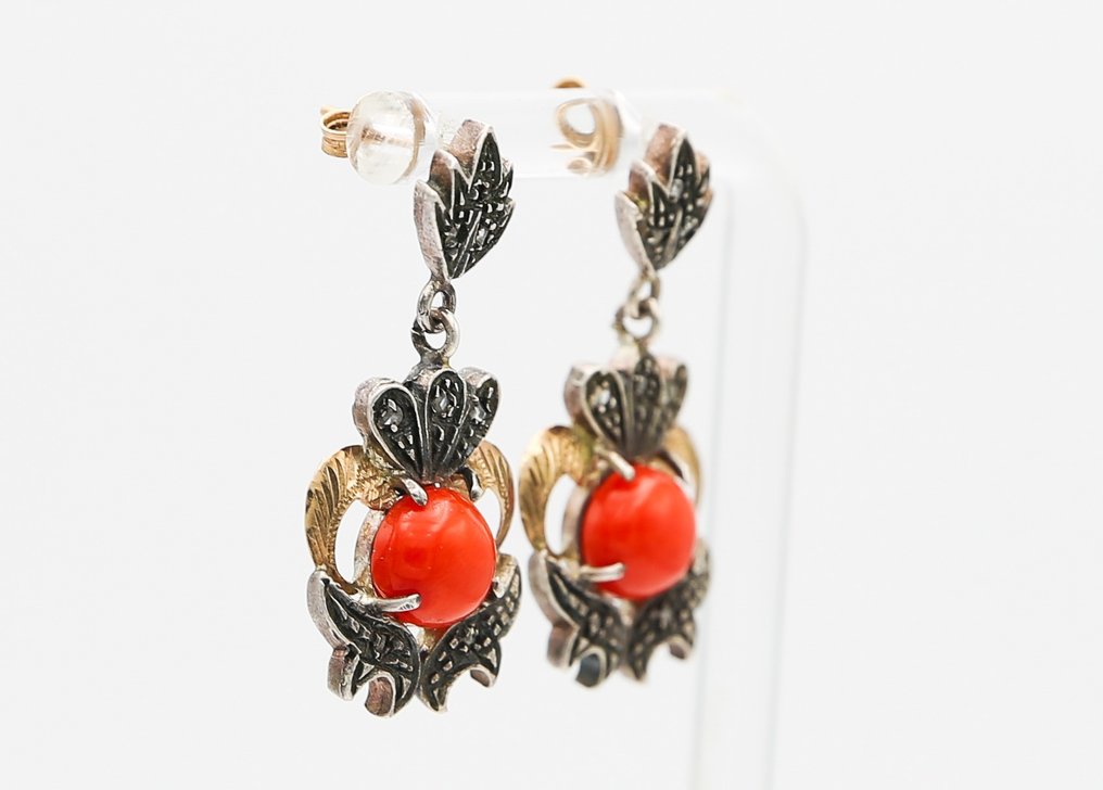 No Reserve Price - Earrings - 9 kt. Silver, Yellow gold Coral - Diamond #3.1