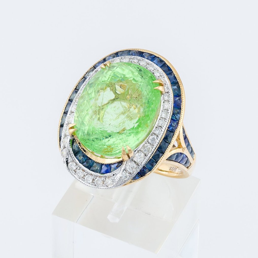 "AIGS" - Neon Green PARAIBA Tourmaline 14.51 Ct, Sapphire & Diamonds Combo - 14K包金 双色 - 戒指 #1.2