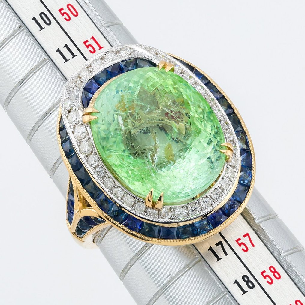 "AIGS" - Neon Green PARAIBA Tourmaline 14.51 Ct, Sapphire & Diamonds Combo - 14 kt. Kaksivärinen - Sormus #2.1
