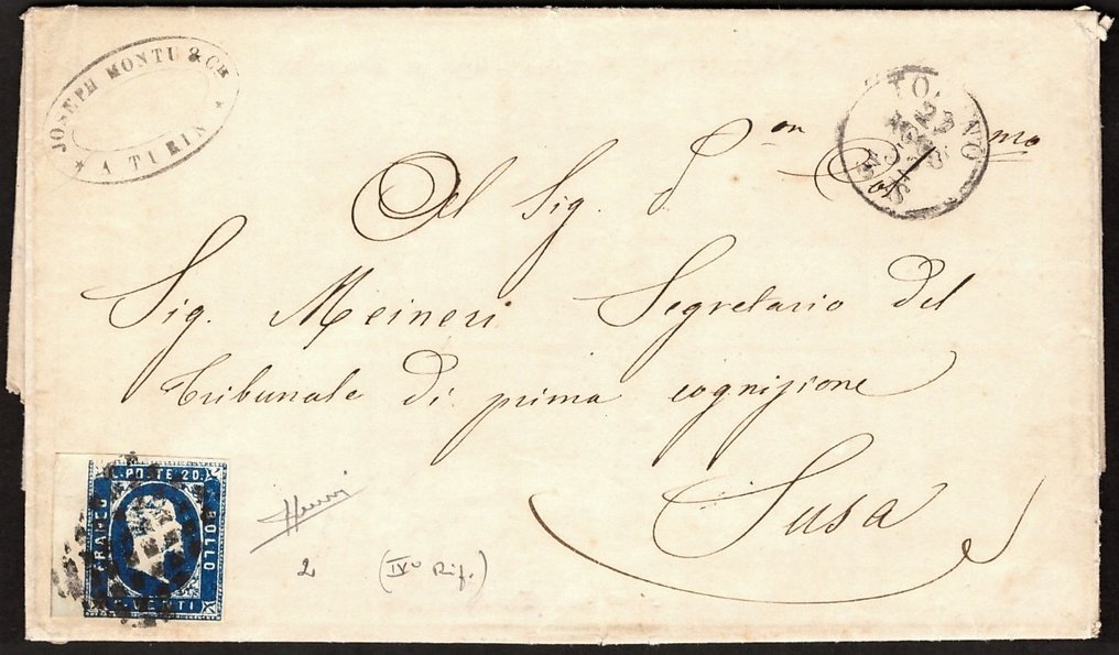 意大利古城邦-撒丁岛 1851 - 带有 20 c 的字母。第一期 BDF IV 结转 - Sassone 2 #2.1