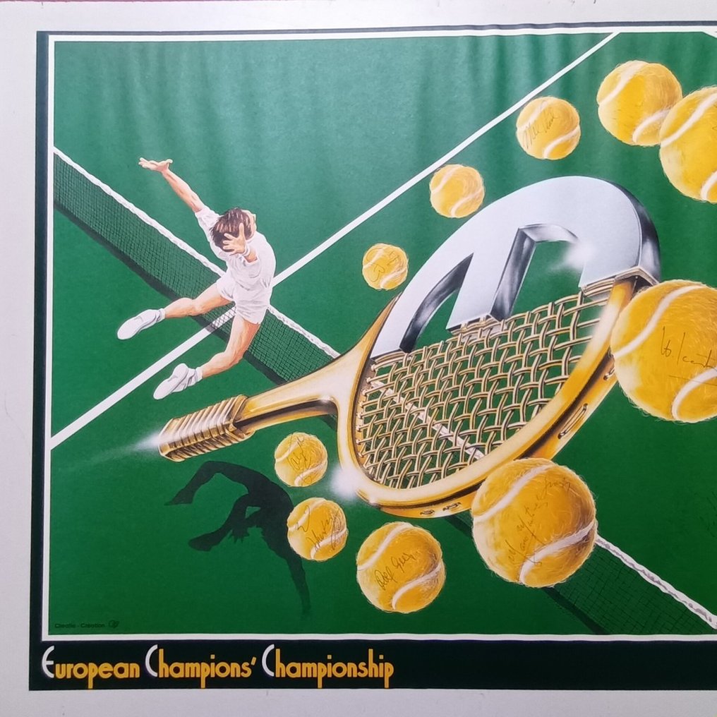 J.J. Maquaire - Originele genummerde European Champions Championship Tennis 1982 poster met handtekeningen spelers - Anni ‘80 #2.1