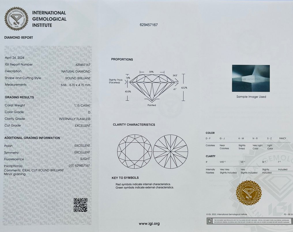 1 pcs Diamant  (Natürlich)  - 1.15 ct - Rund - D (farblos) - IF - International Gemological Institute (IGI) - *Idealschnitt* 3EX Leicht* #3.2