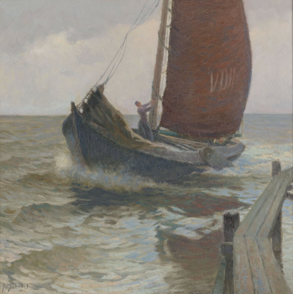 Anthonie Pieter Schotel (1890-1958) - Dutch fishing vessel by the coast #1.1