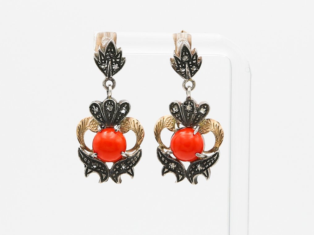 No Reserve Price - Earrings - 9 kt. Silver, Yellow gold Coral - Diamond #1.1