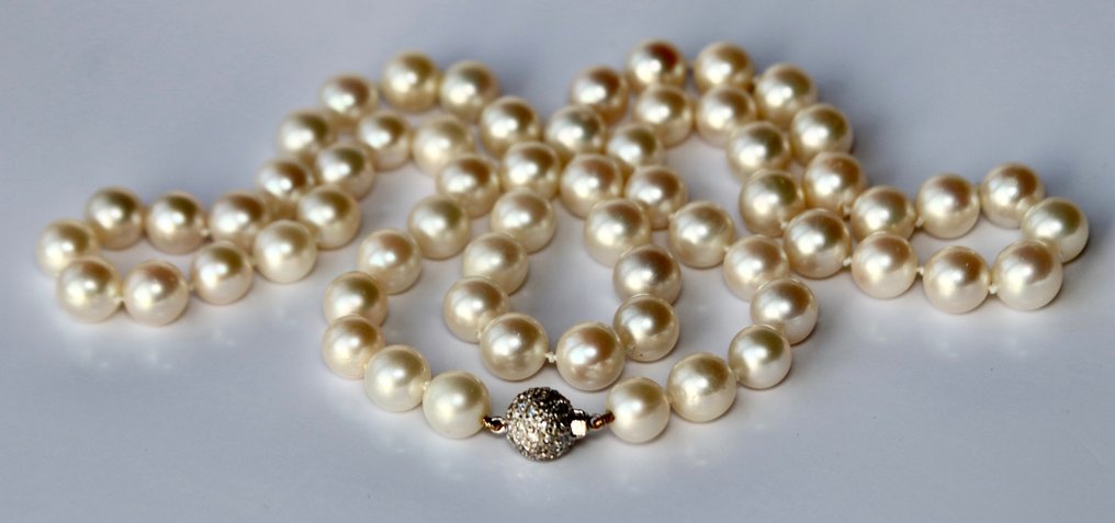 J. Köhle, Pforzheim Japanese sea/saltwater "AAA"  Akoya pearls 9.5mm - Halskjede - 14 karat Hvitt gull -  1.20 tw. Diamant #1.1