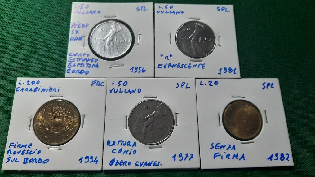 Olaszország - Olasz Köztársaság. Lotto 11 monete con errori di coniazione (10 lire 1980/81/82, 20 lire 1981/82, 50 lire 1956/74/77/81, 200 lire 1994)  (Nincs minimálár) #1.1