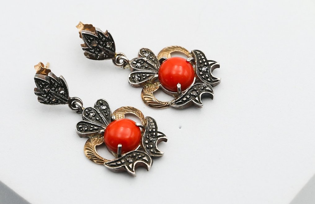 No Reserve Price - Earrings - 9 kt. Silver, Yellow gold Coral - Diamond #2.1