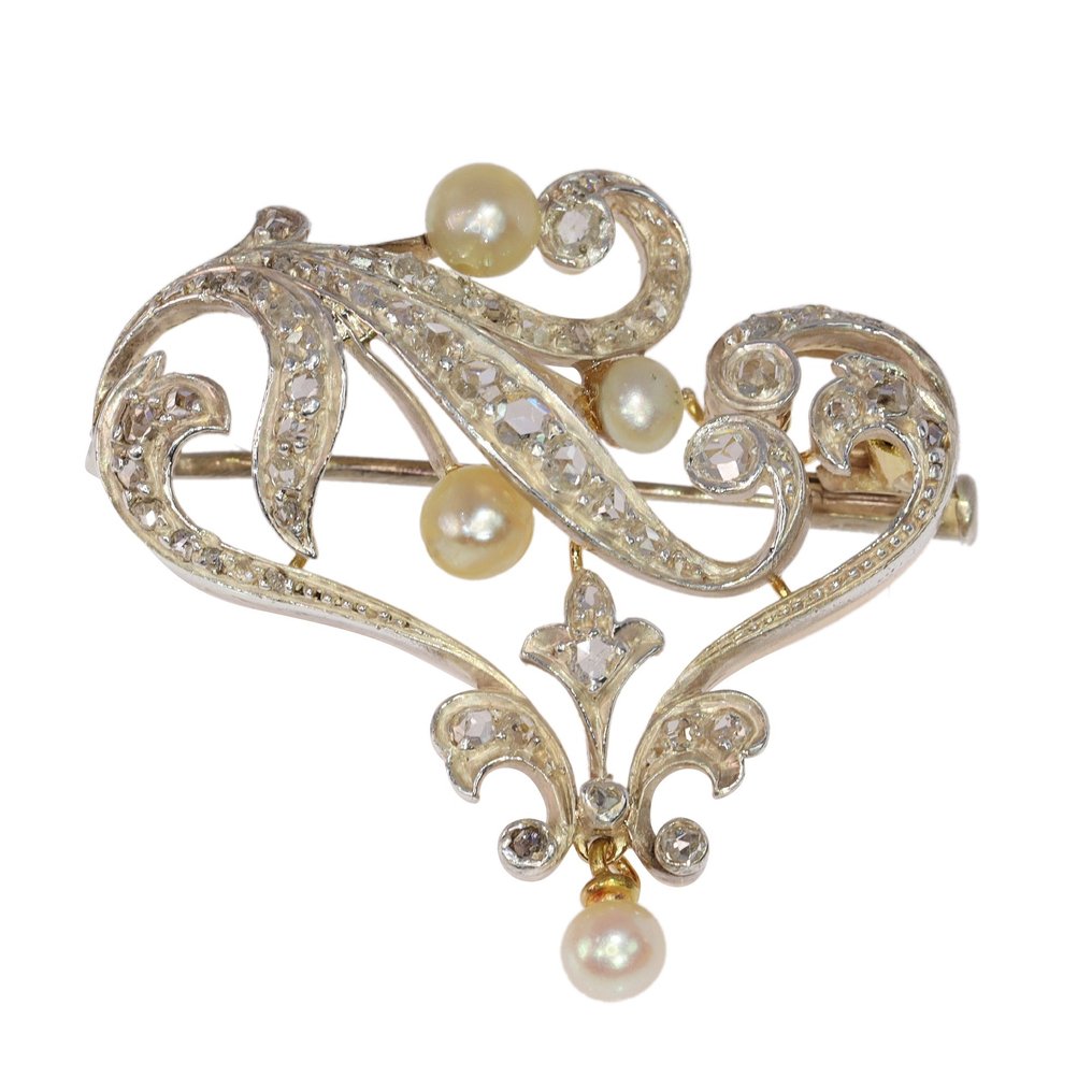 Vintage 1900's Art Nouveau - Brooch - 18 kt. Silver, Yellow gold Diamond - Pearl #1.1