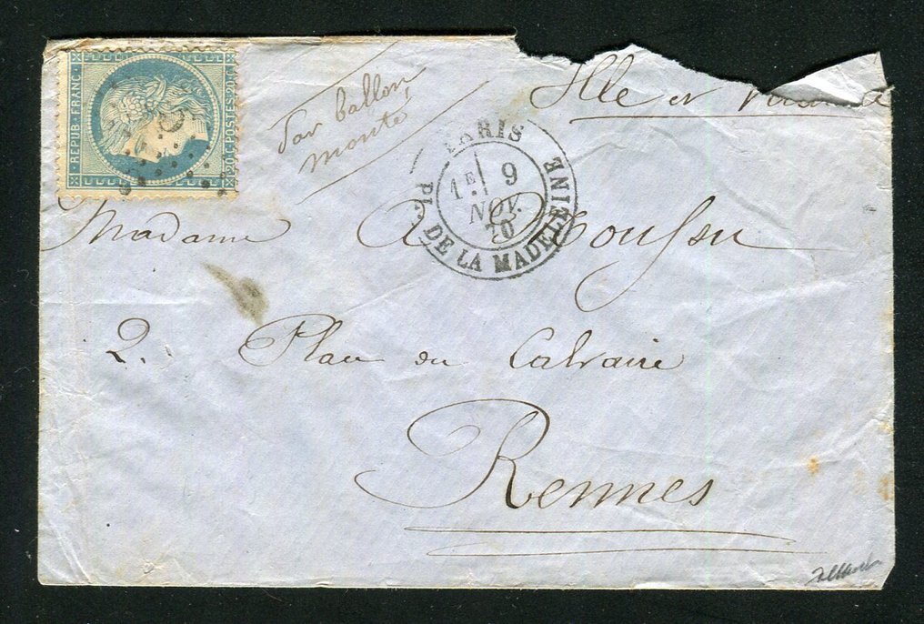 法國 1870 - 稀有 Ballon Monté Le Daguerre pour Rennes avec un n° 37 #1.1