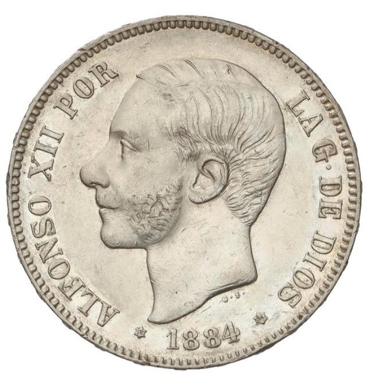 Ισπανία. Alfonso XII (1874-1885). 5 Pesetas 1884*18-84 MSM - Escasa #1.1